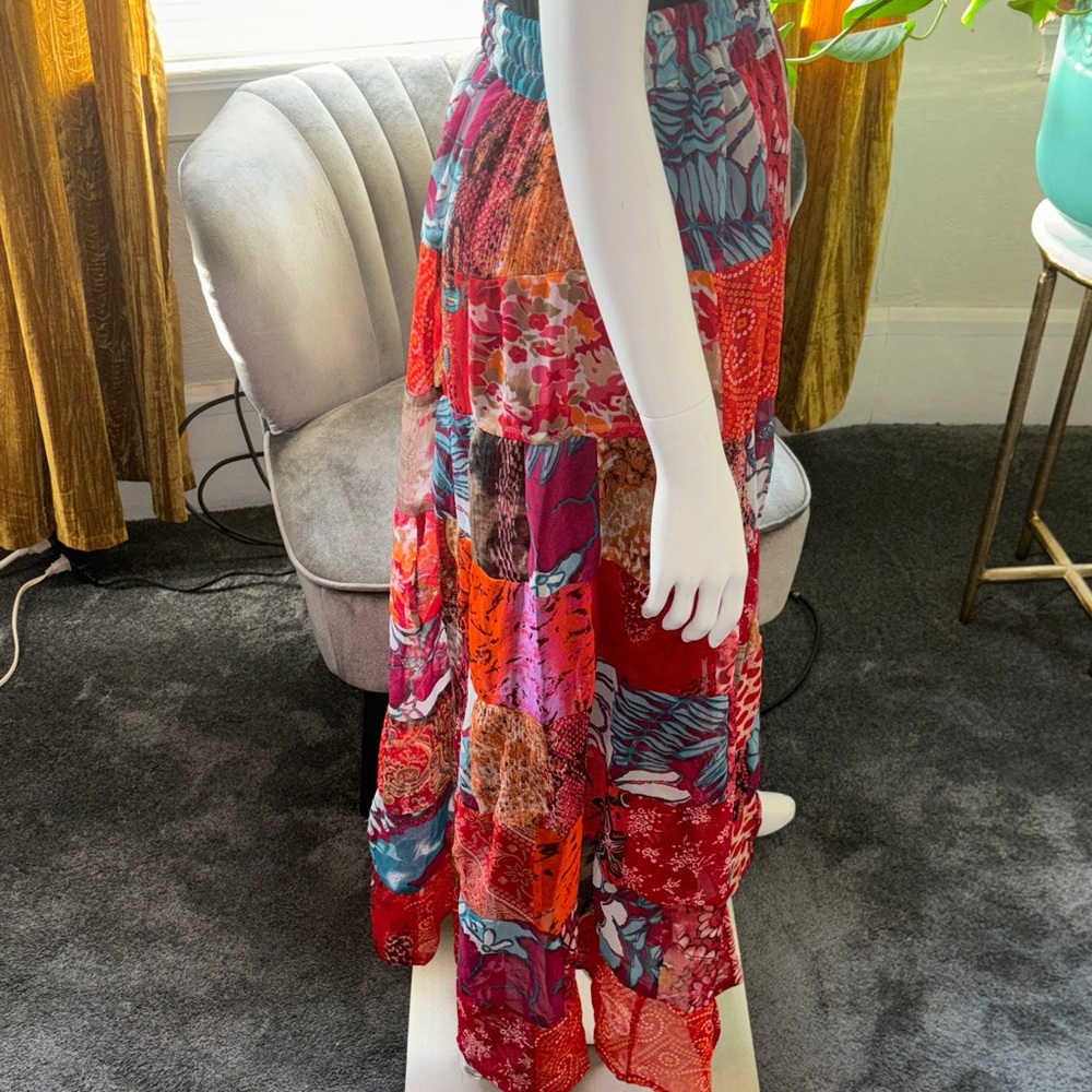 Boho Patchwork Red Tiered Maxi Skirt - Women - Picture 7 of 13